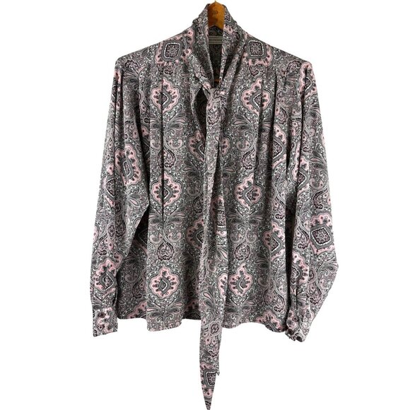 VTG 80's Evan Picone Paisley Tie Neck Bow Balloon Sleeve Blouse, Women's Size 10 - Picture 1 of 9